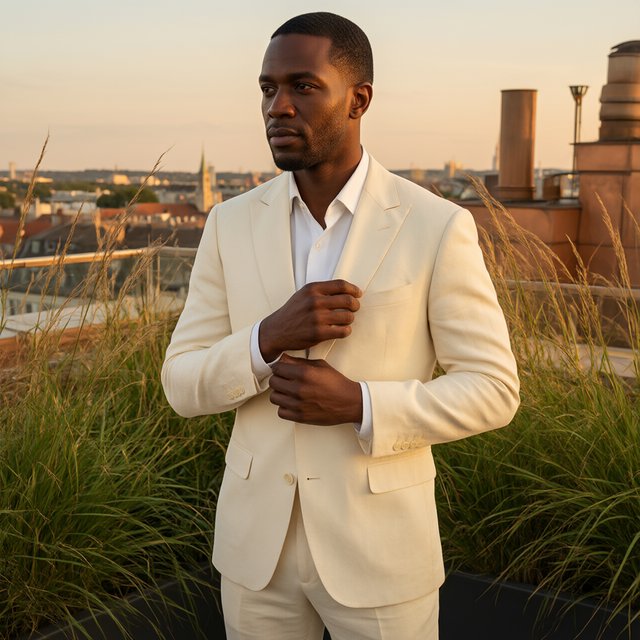 Under the copper glow of a rooftop terrace, an adult Black man in a tailored cream dinner suit is caught smoothing his lapel as evening breeze stirs nearby grasses; calm poise, sculpted shadows and refined fashion-magazine polish. — Qwen Image 3.0