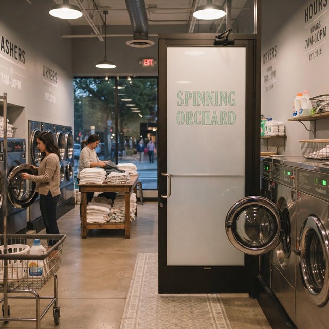 Inside a quiet neighborhood laundromat, chrome machines and folded linen glow beneath cool ceiling lights; "SPINNING ORCHARD" is printed in pale mint letters on the frosted glass entry door. — Nano Banana 2 Lite
