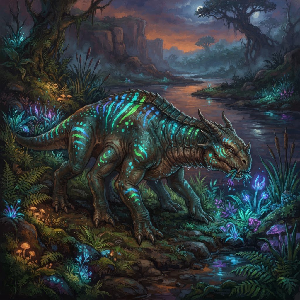 Creature design: a six-legged amphibious grazer with bioluminescent markings, shown on a riverbank, painterly. — Nano Banana 2 Lite