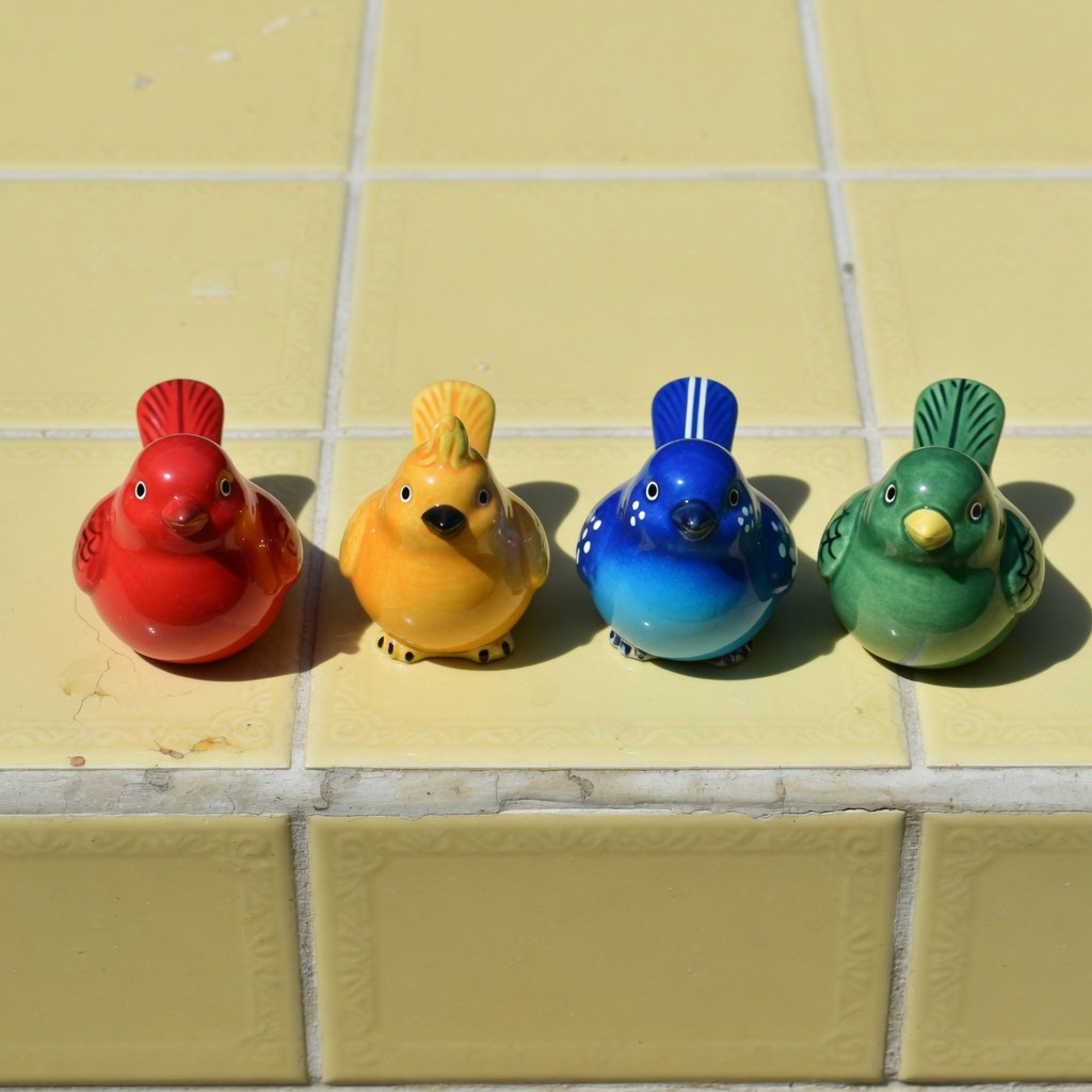 On a sunlit tiled ledge, exactly four ceramic bird figurines form a row: red at far left, yellow at left-center, blue at right-center, and green at far right; all face forward, nothing else. — Grok Imagine Image Quality