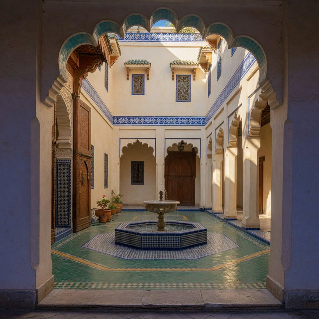 From a shaded courtyard entrance, Moorish Revival residences enclose a tiled fountain court, with cream stucco, carved cedar doors, and blue ceramic bands; late sunlight filters through arcades, revealing aligned walls and credible supports. — Grok Imagine Image Quality
