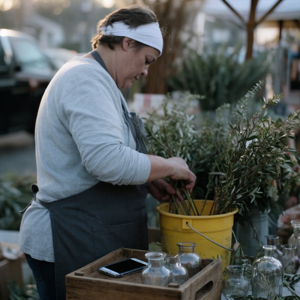 Candid documentary photograph of an adult florist arranging loose stems at an outdoor market stall, soft early-morning side light, 50mm lens with shallow depth of field, tiny water droplets beading on the cut leaves. — Krea 2 Large