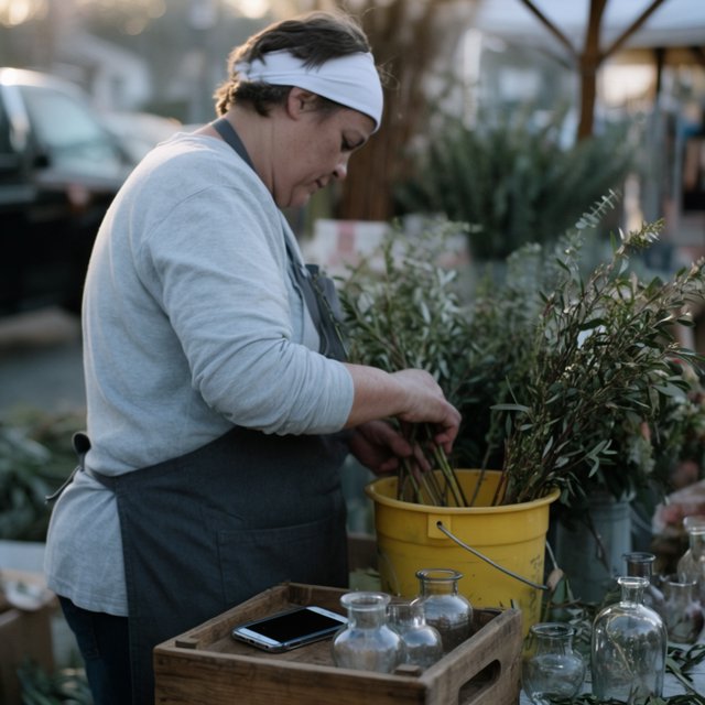 Candid documentary photograph of an adult florist arranging loose stems at an outdoor market stall, soft early-morning side light, 50mm lens with shallow depth of field, tiny water droplets beading on the cut leaves. — Krea 2 Large