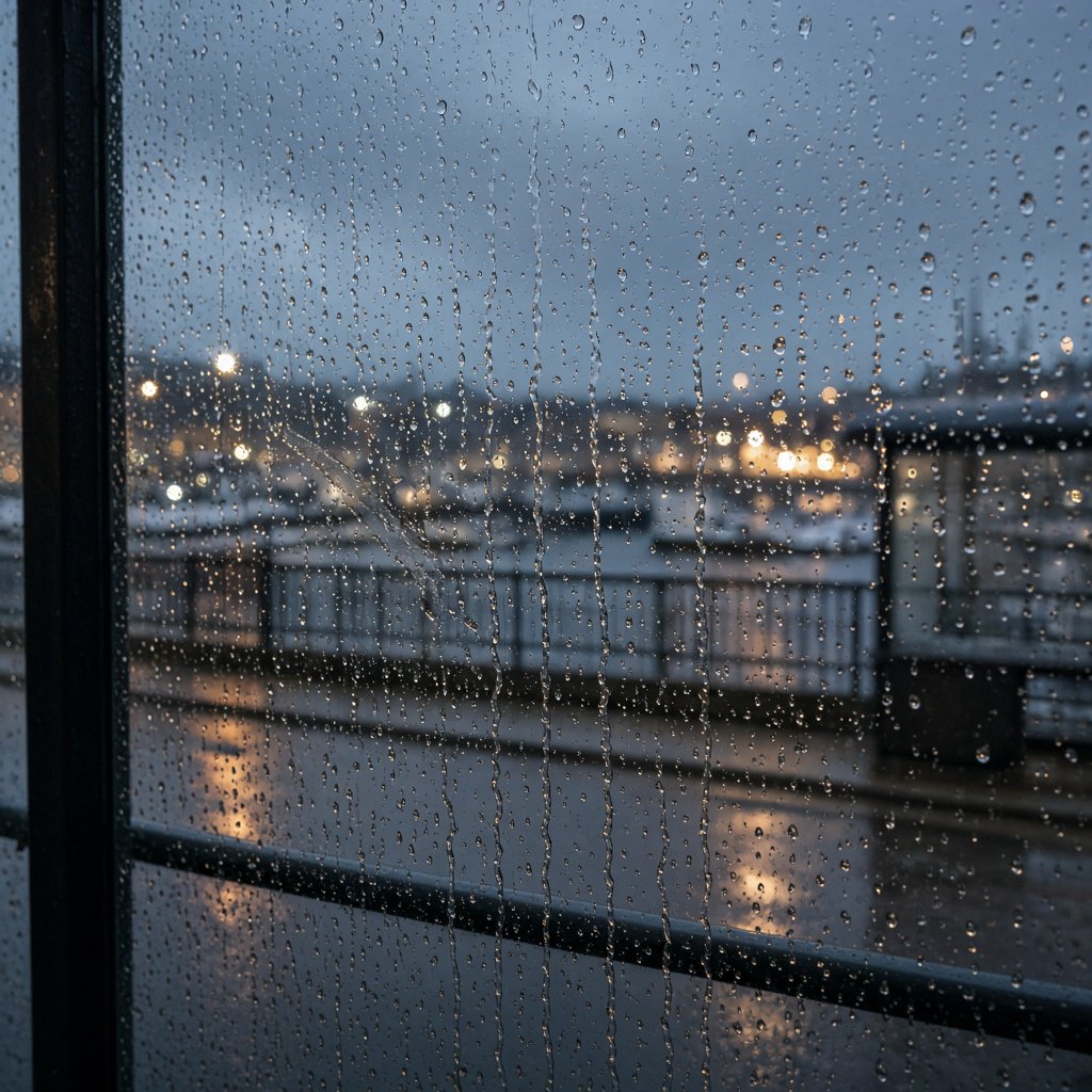 Raindrops crawl down a bus shelter pane, warping blurred harbor lights beyond. A handheld evening street snapshot in cool sodium glow, shot at 50mm with shallow depth of field, catches tiny water trails and a faint wipe mark. — Grok Imagine Image 2