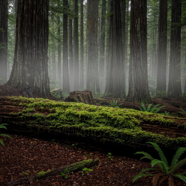 Old-growth temperate rainforest after rain, moss-covered fallen log, fog between the trunks, soft diffused light. — Kling v3 Omni