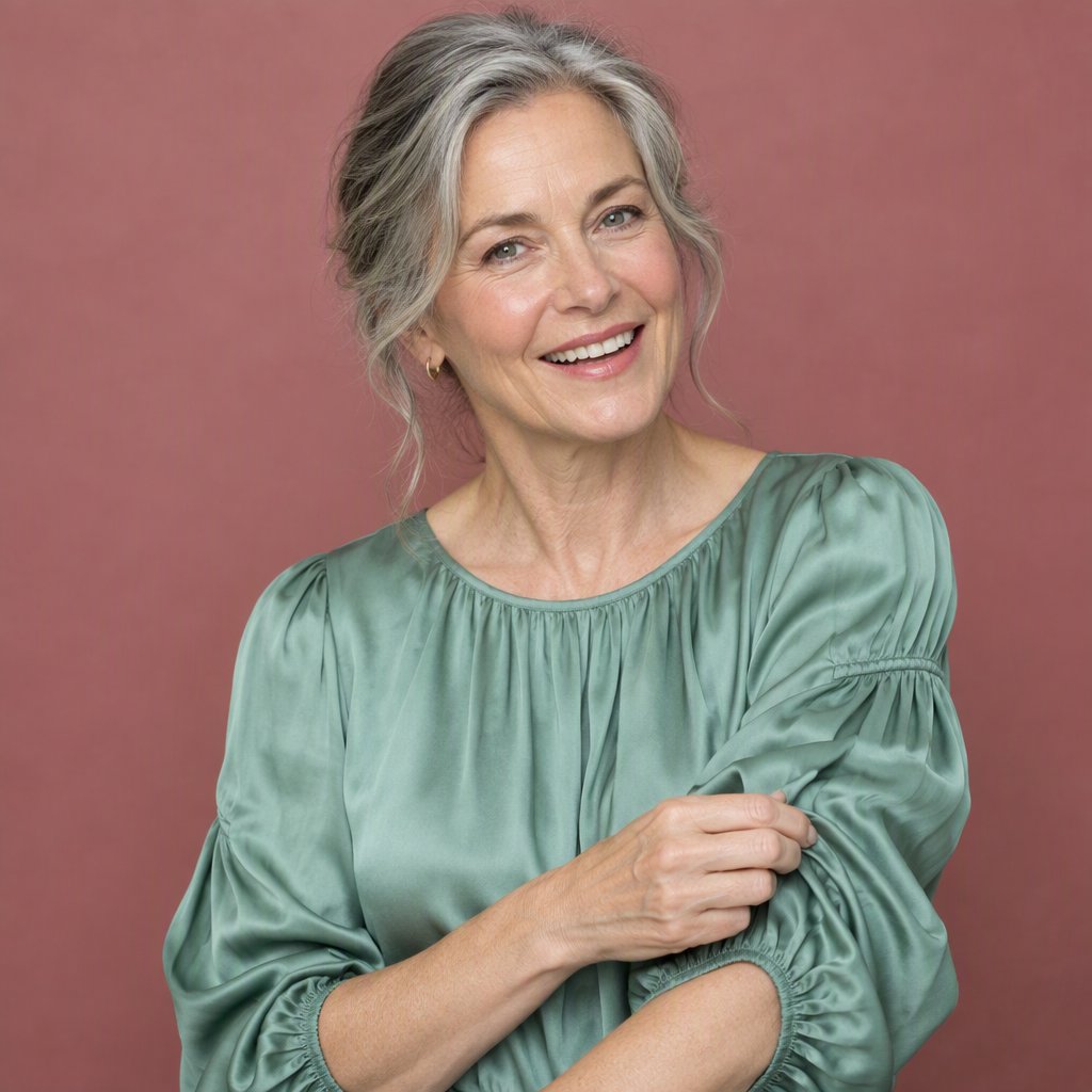 Portrait photograph of an adult woman in her early 60s wearing a softly pleated sea-green silk blouse, hands brushing its gathered sleeve fabric. Her amused, open expression stands against a matte rose backdrop, illuminated by broad, gentle studio light. — GPT Image 2.5 Flare