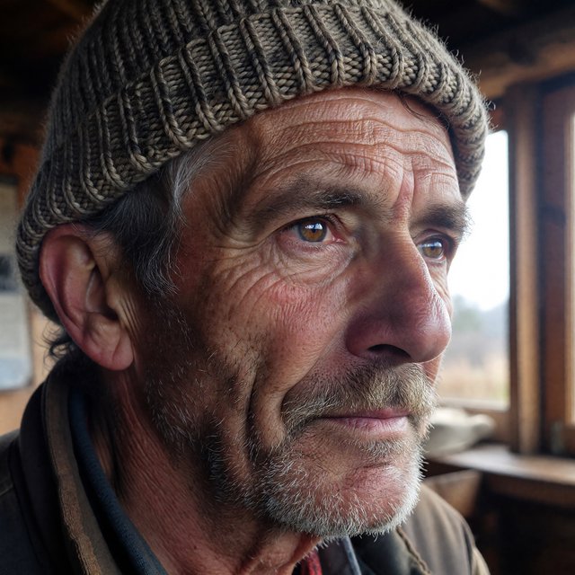 Close-up portrait of an elderly fisherman with deep wrinkles and a knitted cap, catchlights in the eyes, weathered skin texture, soft window light. — ImagineArt 1.5 Pro