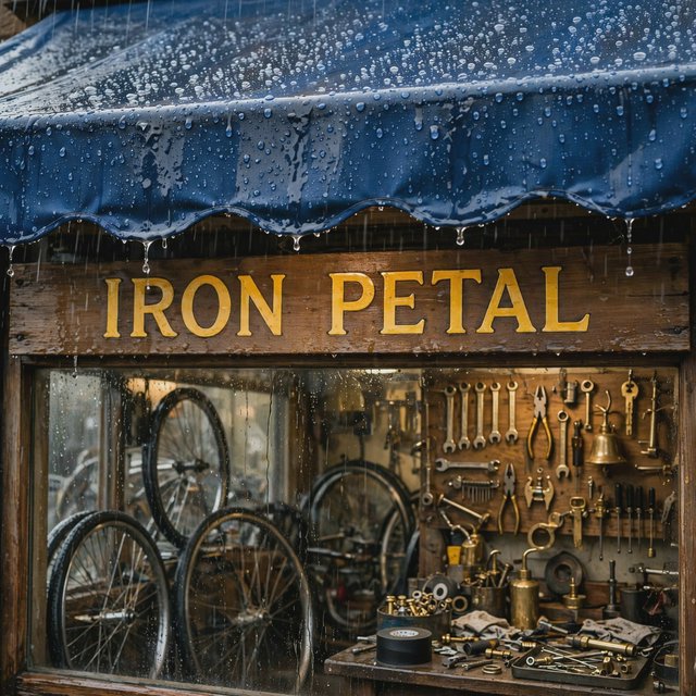 Rain beads on a bicycle repair shop’s blue awning, with wheels and brass tools visible behind the glass; “IRON PETAL” is lettered in warm yellow enamel capitals across the wooden fascia. — Muse Image 1.0
