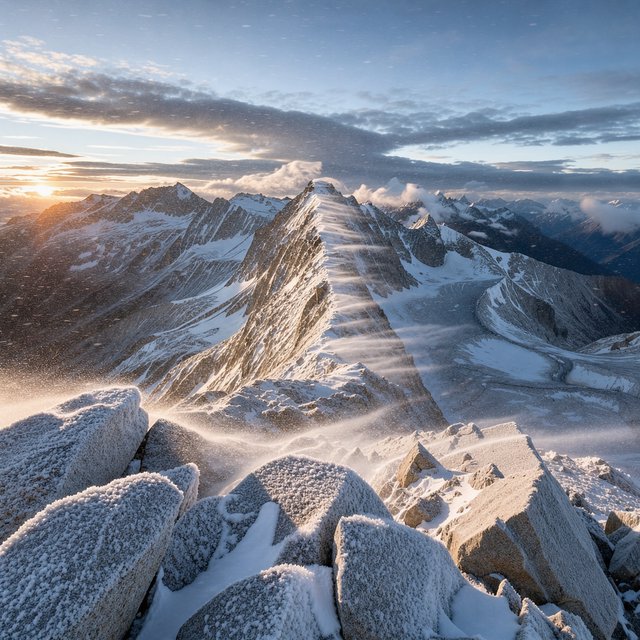 Wind combs a high granite ridge above a glacial cirque at sunrise, beneath clearing snow squalls; granular rime crusts foreground boulders while successive peaks dissolve into blue cloud shadow. — FLUX 3 Image