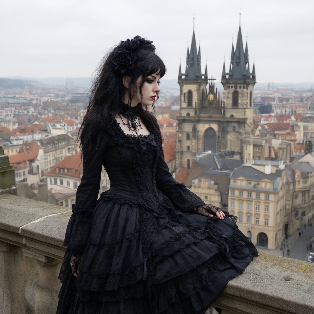 A whimsical gothic woman sitting on a ledge overlooking the city. — Qwen Image 3.0