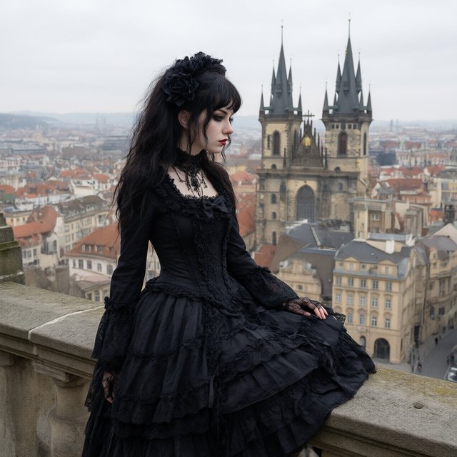 A whimsical gothic woman sitting on a ledge overlooking the city. — Qwen Image 3.0