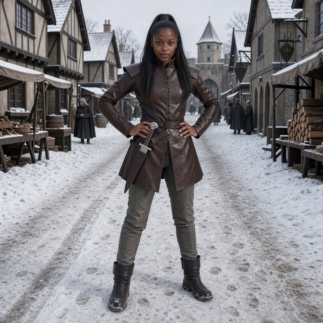 An eighteen-year-old woman. She has long straight black hair tied up, brown eyes, and dark skin. She is wearing a dark leather tunic, grey leather pants, and leather boots. She has a sheathed dagger on her hip, standing with her hands on her hips and looking at the viewer. She is standing in a snowy medieval city. — Model 1
