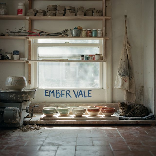 Inside a sunlit ceramics studio, glazed bowls dry beside a turning wheel and shelves of clay tools; "EMBER VALE" is painted in cobalt capitals on the front window. — Ideogram v4