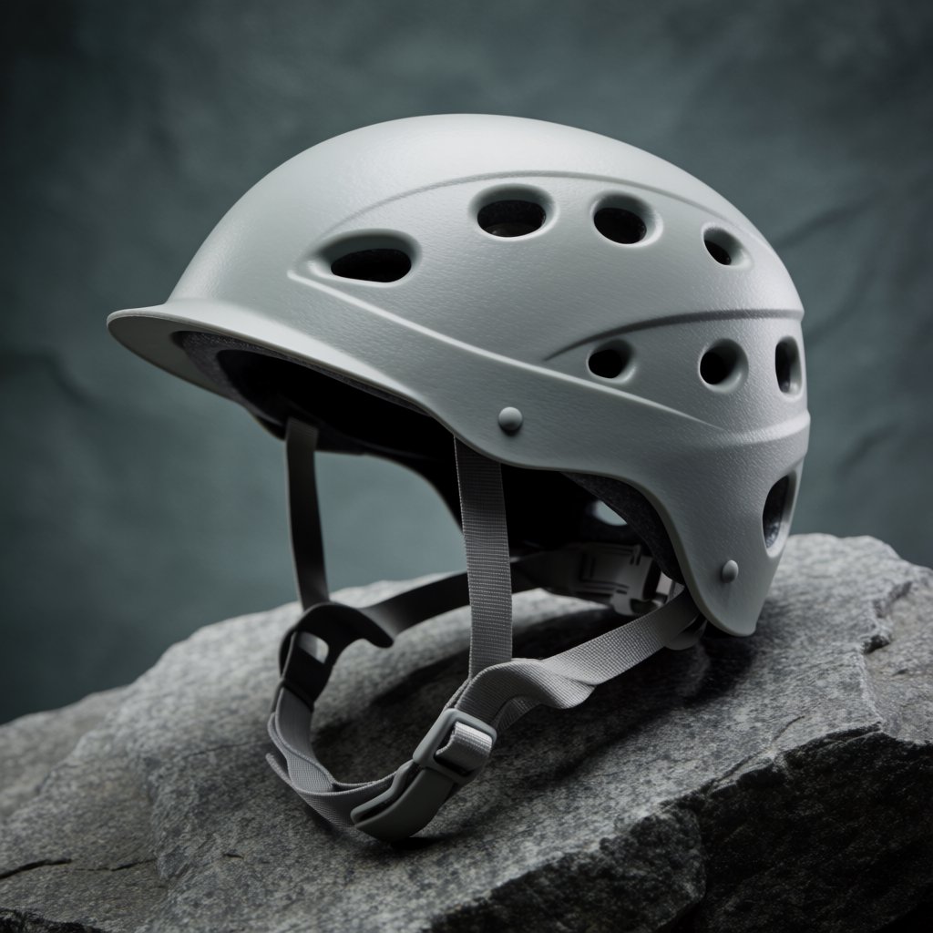 Against a muted slate backdrop, an unbranded climbing helmet with a matte recycled-polymer shell and woven nylon straps rests on rough granite; broad diffused key light and a cool rim light shape this commercial product image, with no lettering. — Krea 2 Medium