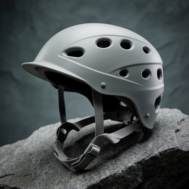 Against a muted slate backdrop, an unbranded climbing helmet with a matte recycled-polymer shell and woven nylon straps rests on rough granite; broad diffused key light and a cool rim light shape this commercial product image, with no lettering. — Krea 2 Medium
