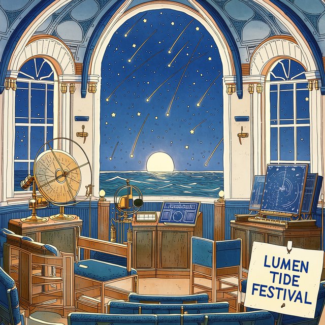 At a restored seaside observatory, a twilight meteor-watching event fills the domed hall with brass instruments, star charts, and velvet benches; "LUMEN TIDE FESTIVAL" is hand-printed in deep blue ink across a cream paper announcement beside the entrance. — Midjourney Niji 7