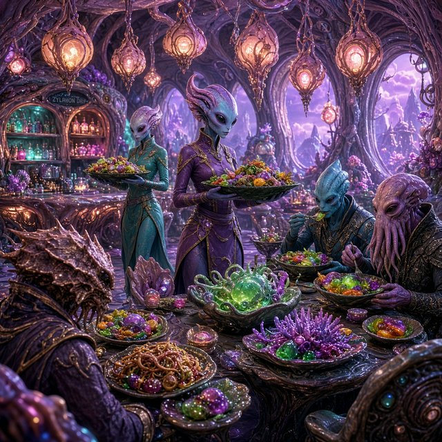 An alien restaurant on a strange planet. The interior is well lit, but the décor is very strange and out of this world. Alien waitresses are bringing in platters of food. Alien diners are eating very unusual dishes. — Grok Imagine Image 2