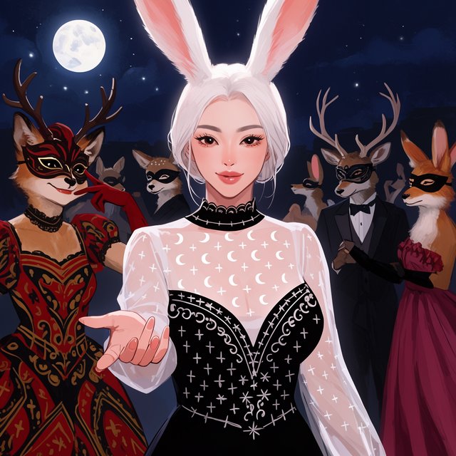 Create the most glamorous and mysterious midnight masked-ball scene, where various alluring anthropomorphic animals, such as foxes, deer, and rabbits, pose and dance under the moon. They wear moon-themed masks. In the middle foreground stands the most exquisite, alluring human-rabbit hybrid, with long white rabbit ears, a pulchritudinous East Asian face, an hourglass figure, rabbit-fur features, and human skin blended aesthetically. She wears the most exquisite silk dress with moon patterns and cross-star embroidery. She poses in a beckoning gesture, inviting the viewer to be her dance partner at the masquerade. No speech. — Krea 2 Large