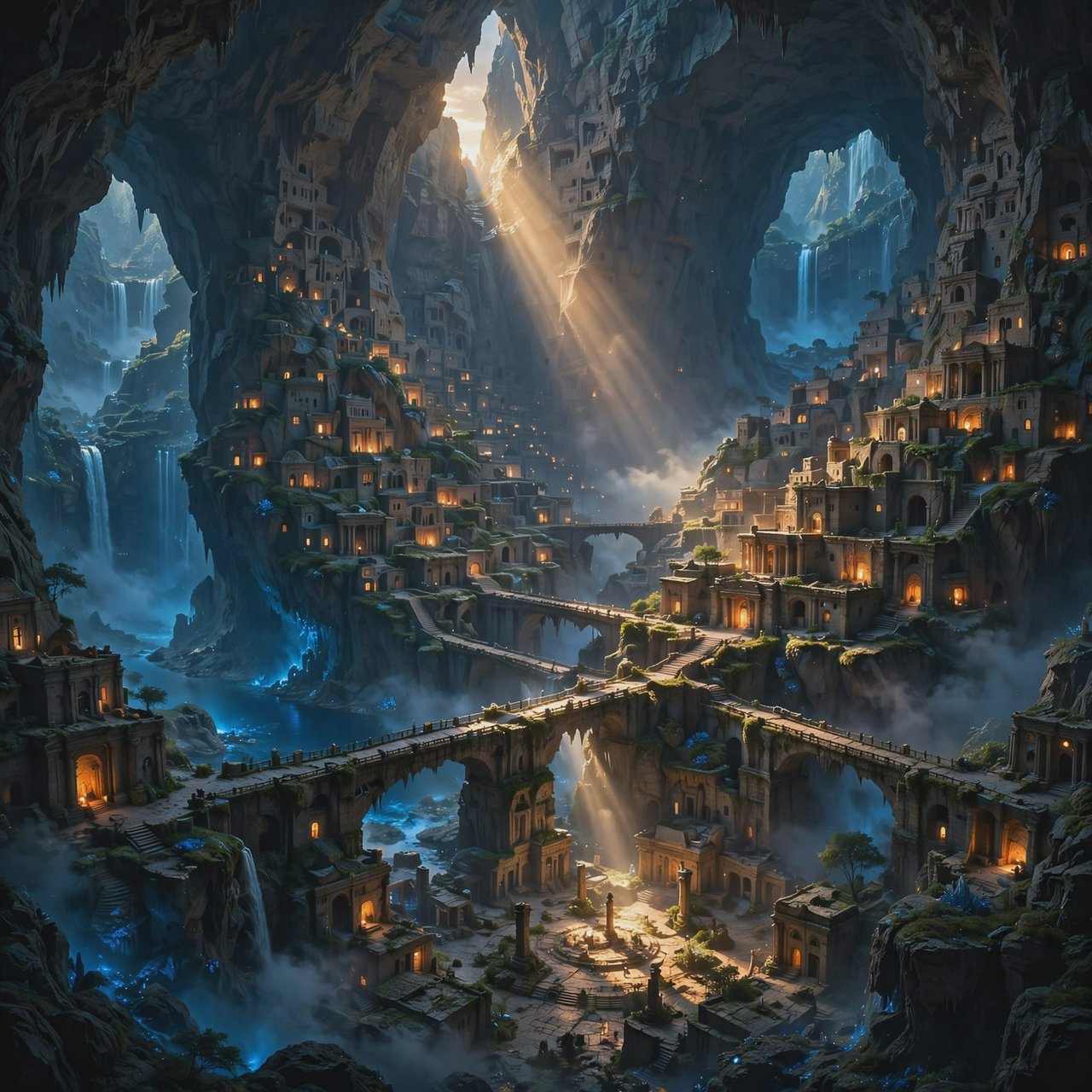 An ancient city carved inside a hollow mountain glows with windowlight, its terraced bridges spanning a blue-lit cavern while mineral mist rises around distant waterfalls and a narrow beam of sunrise reaches the deepest plaza. — Muse Image 1.0