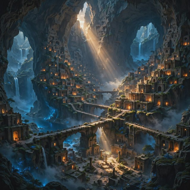An ancient city carved inside a hollow mountain glows with windowlight, its terraced bridges spanning a blue-lit cavern while mineral mist rises around distant waterfalls and a narrow beam of sunrise reaches the deepest plaza. — Muse Image 1.0