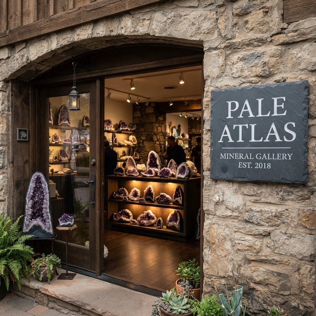 Within a quiet mineral gallery, amethyst clusters and polished geodes catch pools of light; "PALE ATLAS" is carved in clean capitals across a slate plaque beside the entrance. — Nano Banana 2 Lite
