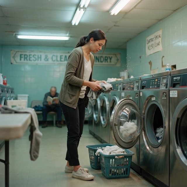 Candid documentary photograph of an adult woman sorting clothes in a self-service laundromat, cool fluorescent light, 35mm lens with moderate depth of field, loose lint suspended above a tumbling machine, worn baskets and tiled walls rendered naturally. — Ideogram v4