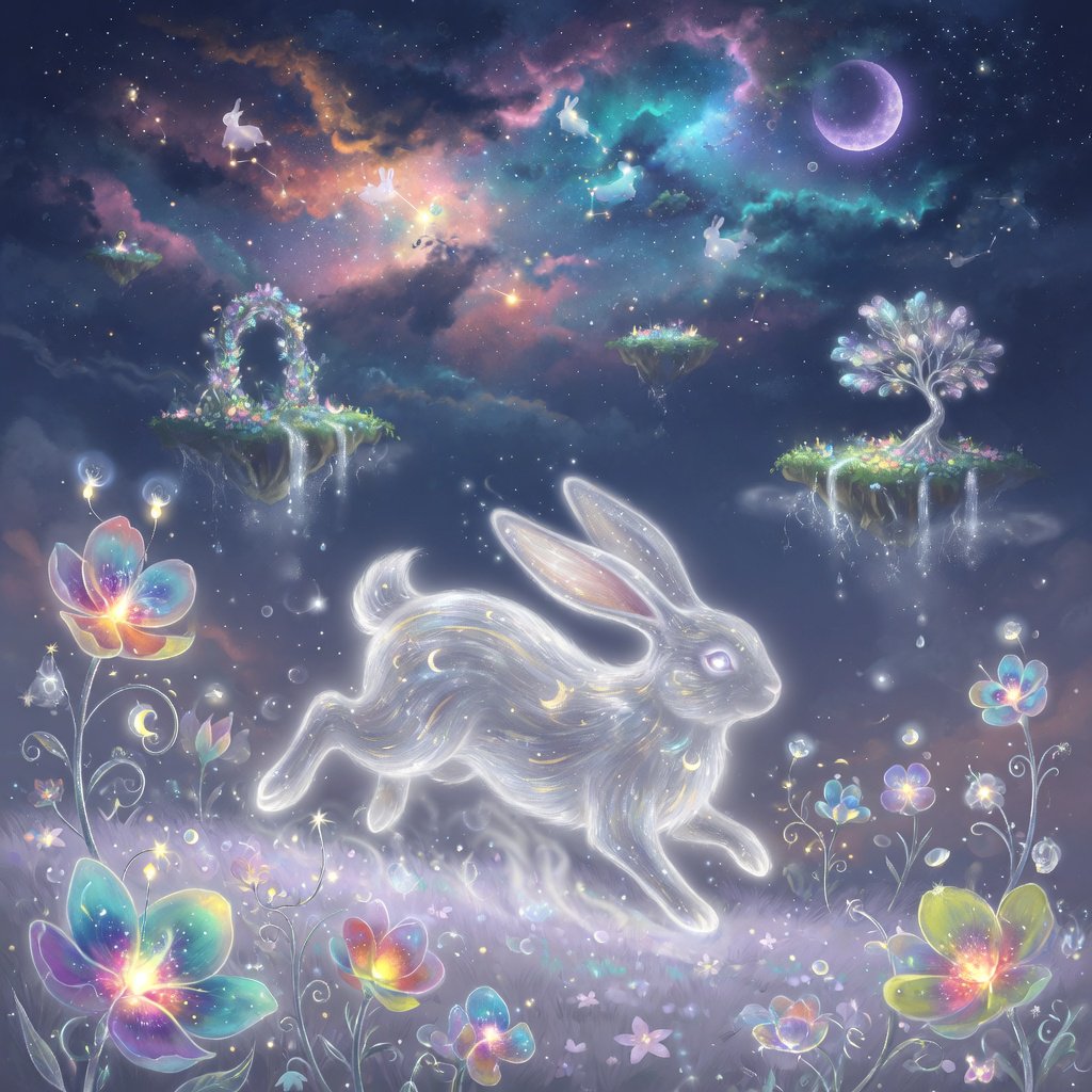 An ethereal rabbit, its fur made of shimmering moonlight, hops through a field of glowing, otherworldly flowers under a sky filled with nebulae. The landscape is dreamlike and surreal, with floating islands in the distance. The style is a delicate digital painting with fantasy elements, evoking a sense of wonder and tranquility. — Grok Imagine Image Quality