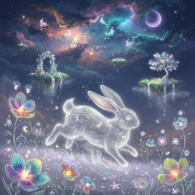 An ethereal rabbit, its fur made of shimmering moonlight, hops through a field of glowing, otherworldly flowers under a sky filled with nebulae. The landscape is dreamlike and surreal, with floating islands in the distance. The style is a delicate digital painting with fantasy elements, evoking a sense of wonder and tranquility. — Grok Imagine Image Quality