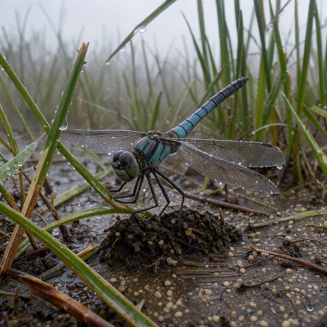 On a peaty marsh edge, a dragonfly rests among sedges after a light morning shower; dew beads on its veined wings and granular mud, while reed stems soften into pale fog behind it. — FLUX 3 Image Klein
