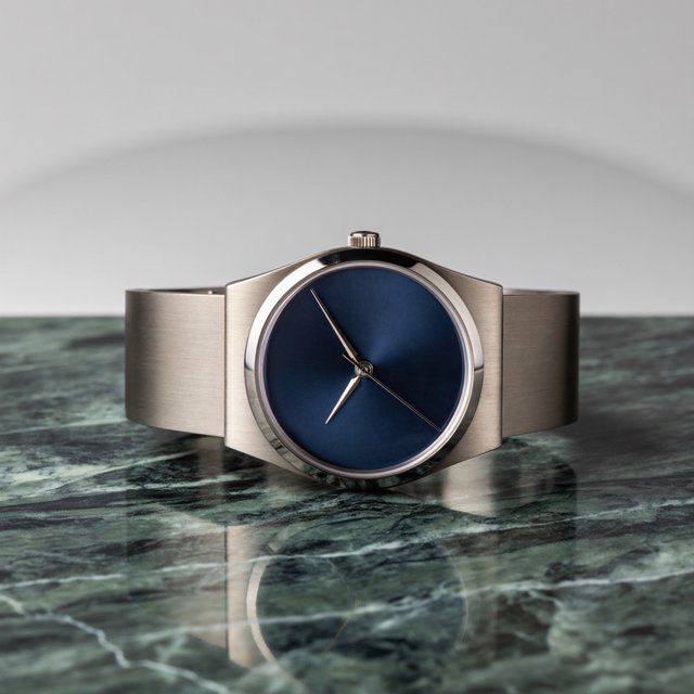 Commercial product photograph of an unbranded mechanical wristwatch with a brushed titanium case and deep blue enamel dial, resting on dark green marble against a soft gray background, illuminated by a large diffused softbox and narrow edge light. — ImagineArt 2