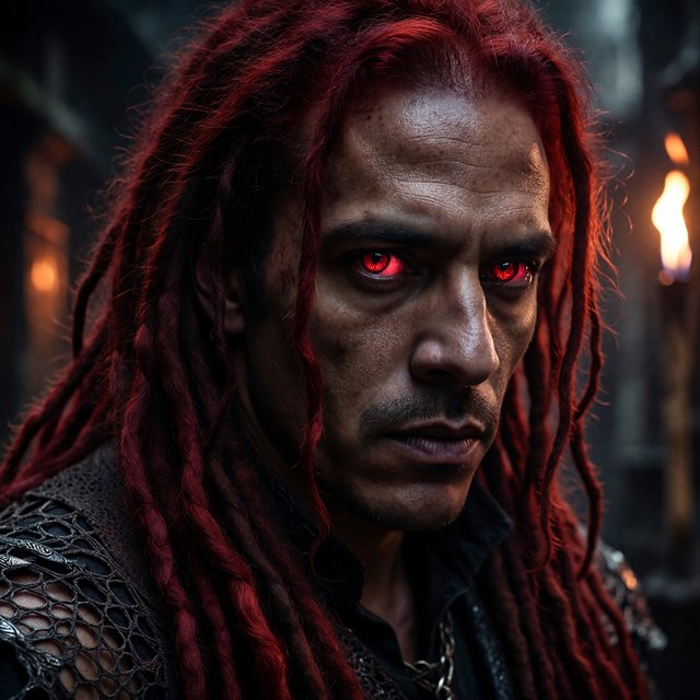 Fishnet grimdark fantasy. A suitable-for-TV-PG adult underworld agent with long crimson-red dreadlocked hair with flowing locks, ruby-red crystalline eyes, real skin pores, photographic rendering, and real material textures. No text. — ImagineArt 1.5 Pro