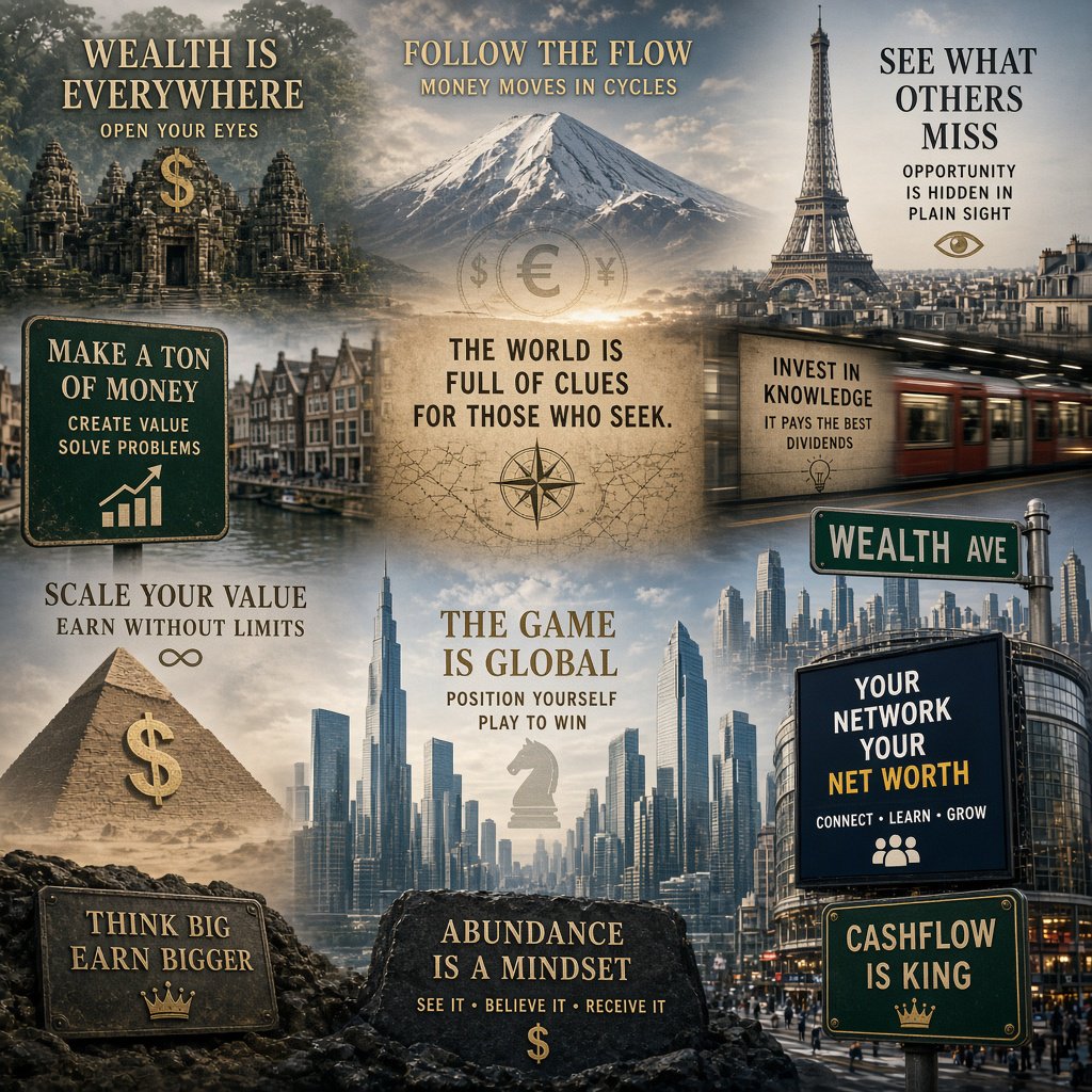 Messages and words related to making a ton of money, hidden in plain sight around the world. — Grok Imagine Image 2