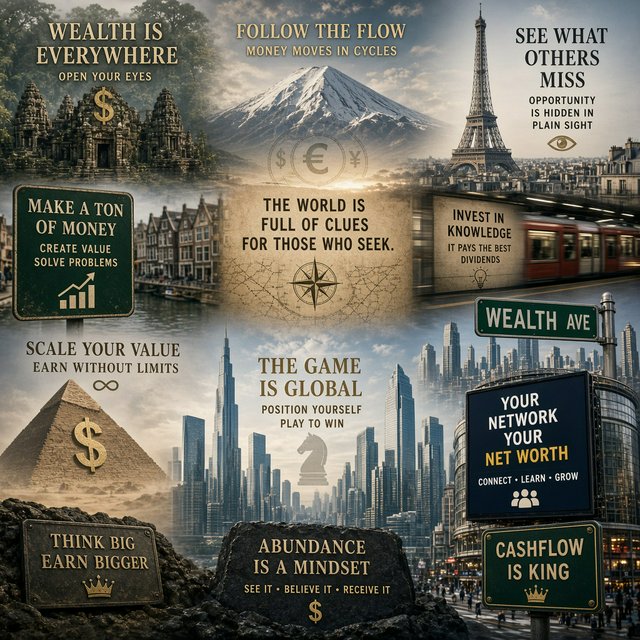 Messages and words related to making a ton of money, hidden in plain sight around the world. — Grok Imagine Image 2