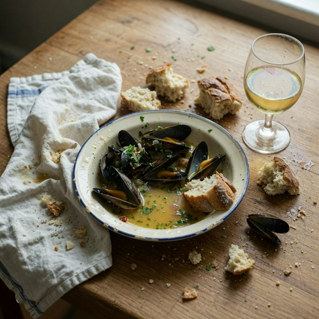 Beside a rumpled linen napkin, an in-progress supper shows a shallow bowl of mussels, torn bread, and a half-full glass on a wooden table. A natural-light dining snapshot, shot at 50mm with shallow depth of field, catches crumbs and glossy broth. — Grok Imagine Image Quality