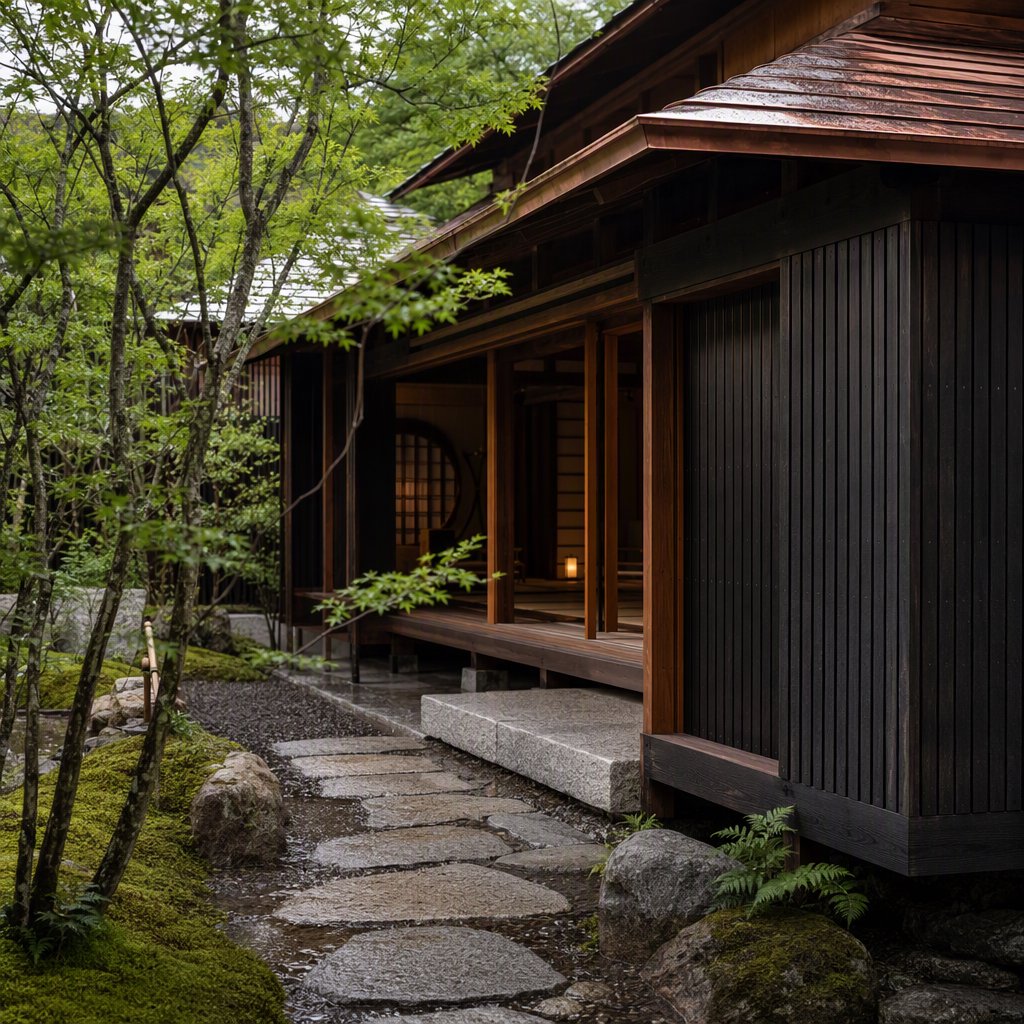 Exterior of a Kyoto-inspired contemporary teahouse in restrained Japanese timber architecture, charred cedar screens, pale granite, and a copper-clad roof; soft rain-bright afternoon light, viewed obliquely from a moss garden path, precise joinery and credible structure. — GPT Image 2
