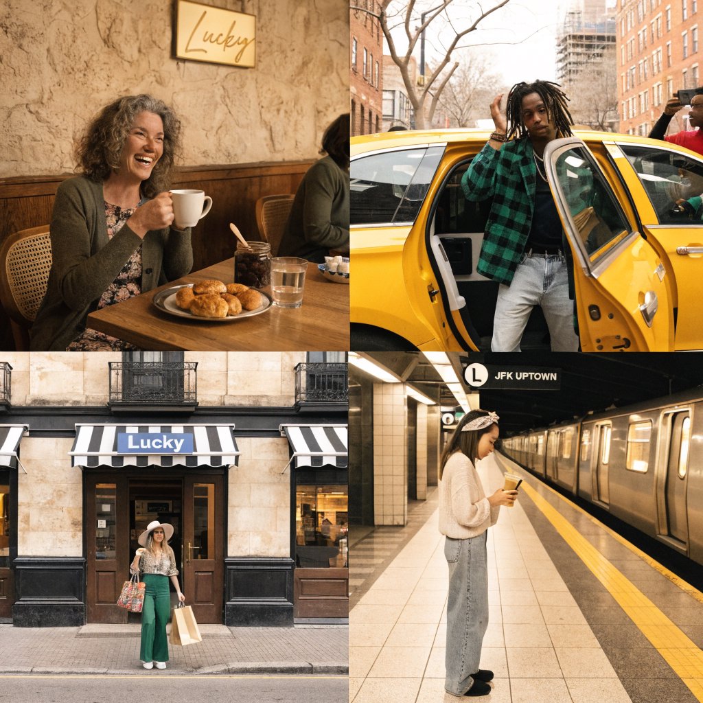4–6 realistic scenes of people having the luckiest day of their lives. The word “Lucky” should appear at least twice in the image, and seem totally in place and seamless. The whole vibe is pretty much lucky moments that were unexpected but very welcome. — Recraft v4