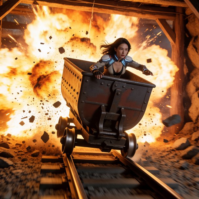 Collapsing mine, woman in a futuristic outfit, in a runaway mine cart. The cart is moving towards the foreground. Behind her cart, there was a huge explosion in the mine. The impact of the explosion is so great that it has knocked the cart off the tracks and sent the rider flying. Angle the empty cart, which is in the process of shattering, close to the woman. Focus the image on the female rider who has flown off the cart. Ensure her features are photorealistic. Make the scene photorealistic, explosive, and exciting as if it is from an action-packed movie. — Krea 2 Medium
