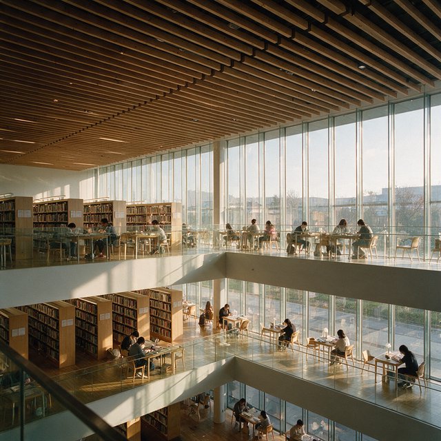 Interior of a modern public library with a three-storey atrium, timber ceiling slats, people reading, afternoon light through a glass wall. — Seedream 5.0 Pro