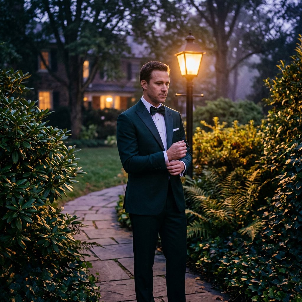 Along a garden path at violet dusk, an adult man in a midnight-green dinner suit adjusts one cuff beneath warm lantern glow, caught in a quiet pre-event pause with glossy leaves and elegant magazine polish. — Nano Banana 2.1