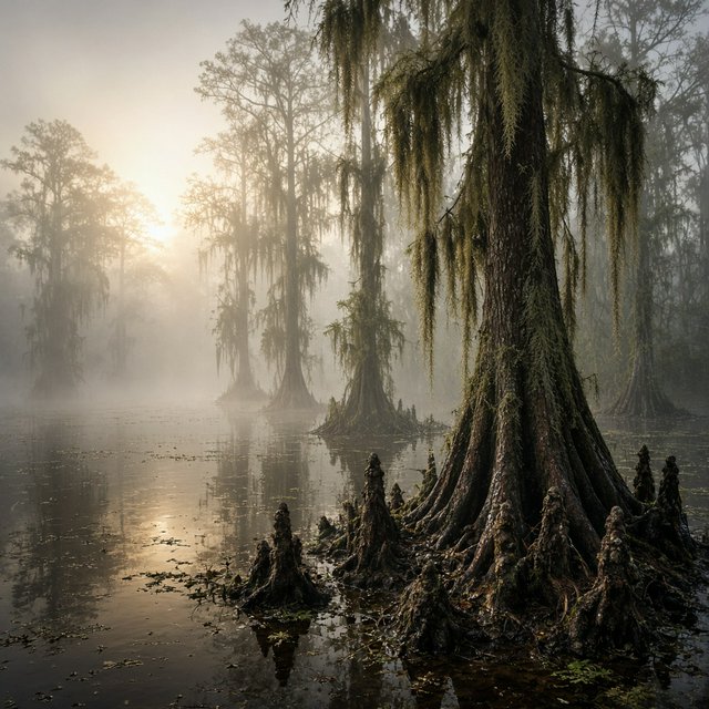 A cypress swamp at foggy sunrise after overnight drizzle, dark tea-colored water threading between moss-draped trunks; slick root knees and floating leaves lead toward pale trees disappearing into layered mist. — Grok Imagine Image 2
