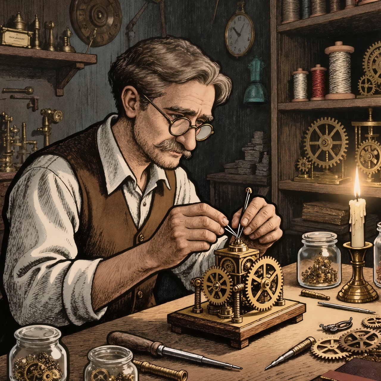 Engraved ink illustration of an adult clockmaker assembling a whimsical brass automaton in a candlelit workshop, with gears, springs, and glass jars surrounding the bench. Palette of charcoal, copper, teal, and honey yellow, with crisp crosshatching and warm shadows. — Kling v3 Omni