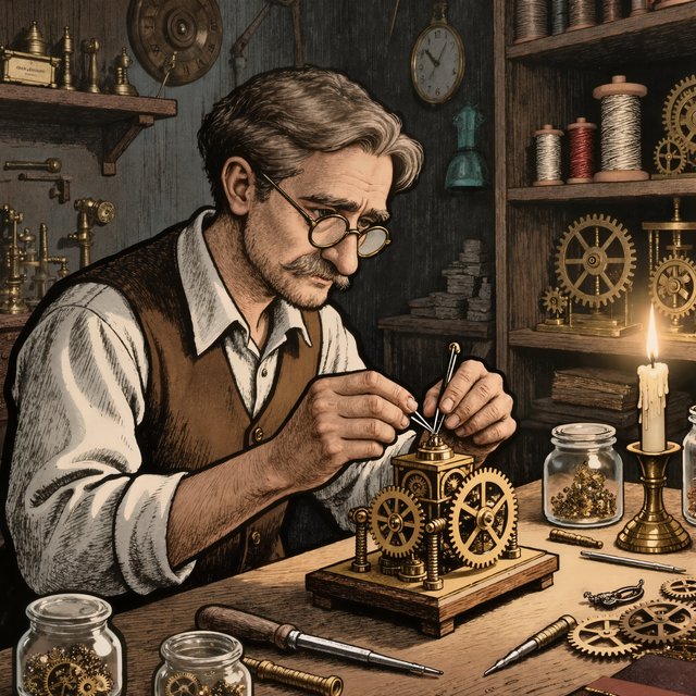 Engraved ink illustration of an adult clockmaker assembling a whimsical brass automaton in a candlelit workshop, with gears, springs, and glass jars surrounding the bench. Palette of charcoal, copper, teal, and honey yellow, with crisp crosshatching and warm shadows. — Kling v3 Omni