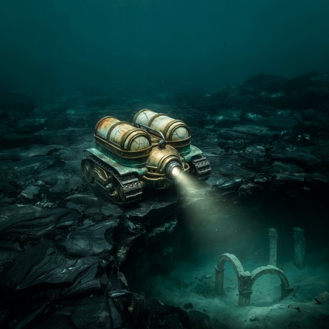 A brass-and-ceramic deep-sea crawler with arched pressure tanks trundles across the floor of a sunken obsidian caldera. Its searchlight cuts through green silt, revealing ruined stone arches far below the surface. — Ideogram v4.5