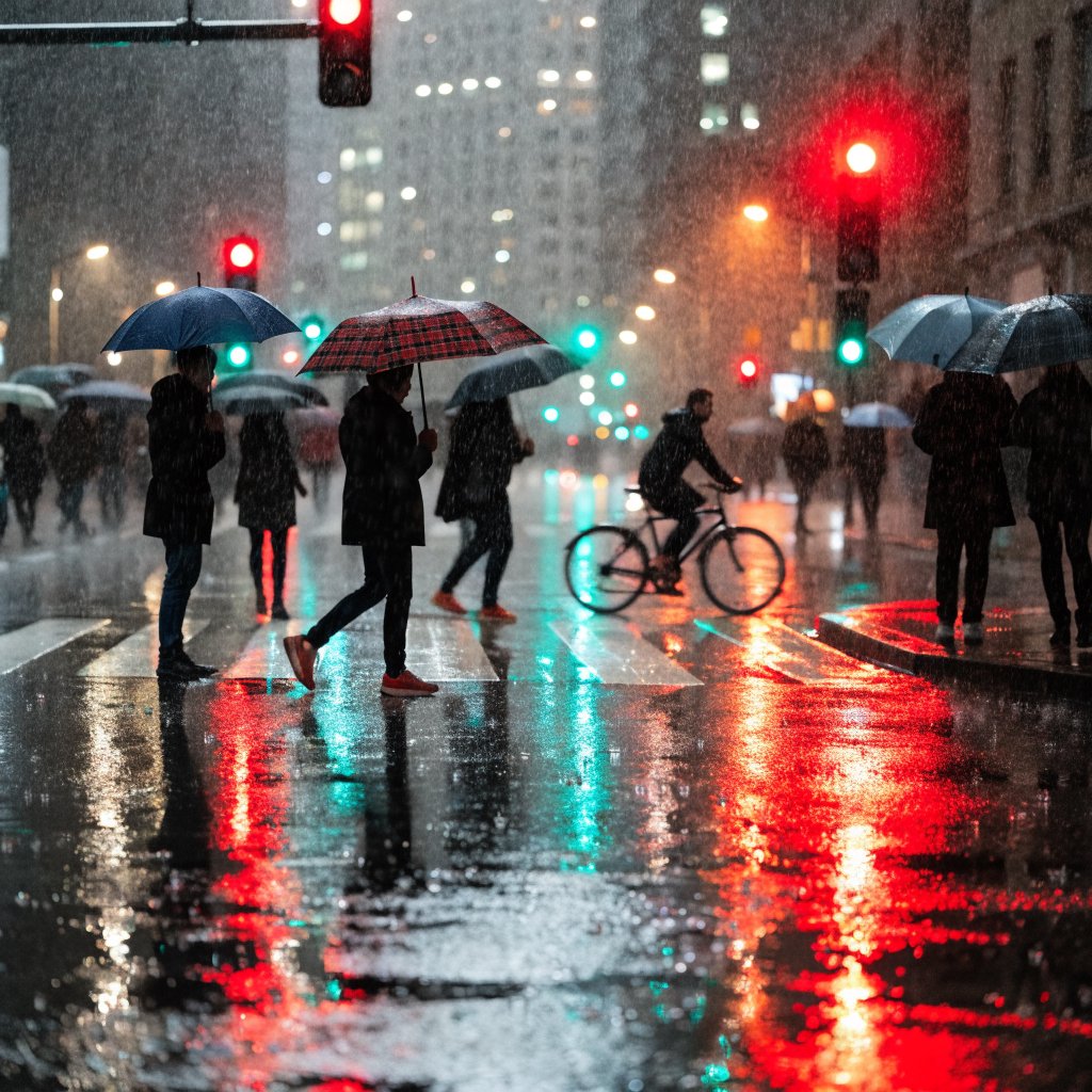 A rain-soaked city crosswalk at night seen from across the street, umbrellas, reflections of traffic lights on wet asphalt, slight motion blur on a passing cyclist. — Recraft v4