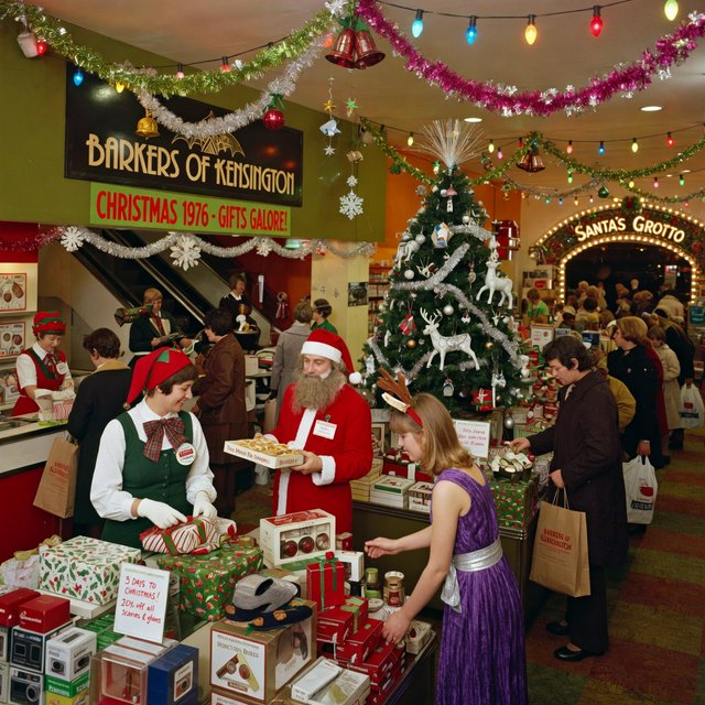 A UK department store in the 1970s at Christmas time. The lighting and decor will be very festive, with staff members dressed in festive outfits. — Grok Imagine Image Quality