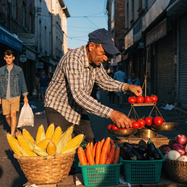 Candid street photograph of an outdoor vegetable market at golden hour, a vendor weighing tomatoes on a brass scale, shallow depth of field, 50mm lens. — Recraft v4