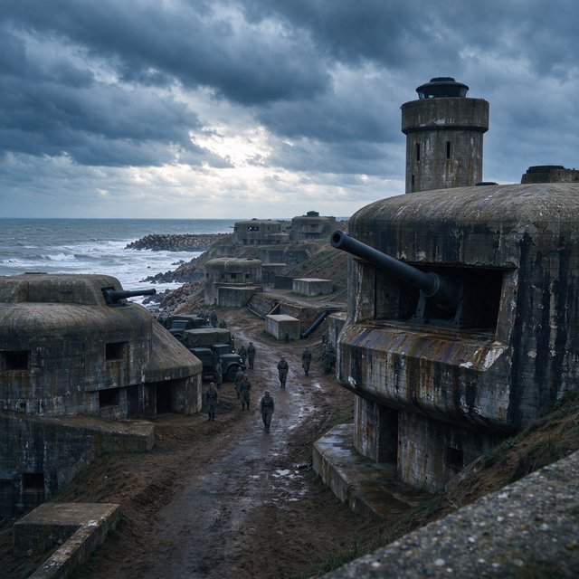German bunker complex on the French Atlantic coast during World War II — Seedream 5.0 Flash