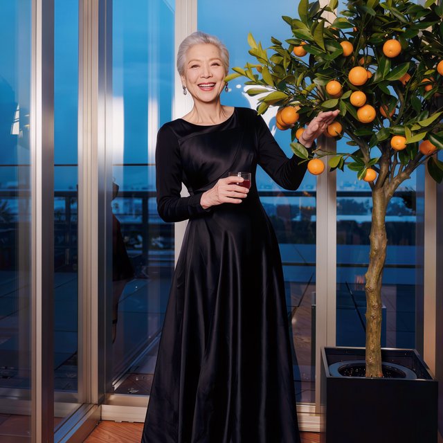 At a quiet rooftop conservatory, an adult woman in her early sixties wears a long-sleeved black evening gown, caught laughing softly beside a citrus tree as blue-hour light spills through the glass; poised styling brings fashion-magazine polish. — Model 9