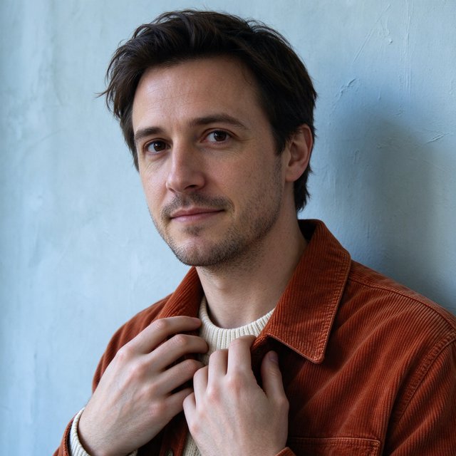Portrait photograph of an adult man in his late 30s wearing a rust-colored corduroy overshirt over a cream knit, fingertips resting on its broad collar. His quietly curious gaze meets the camera against a pale blue plaster backdrop, softly lit by cool side-window light. — Seedream 5.0 Flash