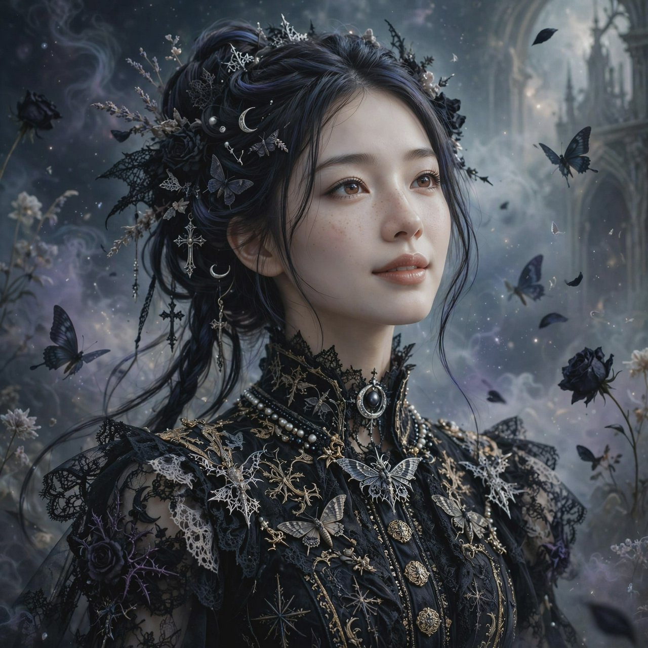 Surreal, ethereal East Asian adult beauty, 21 years old, in maximalist Gothic attire, with the most beautiful expression. — Muse Image 1.0